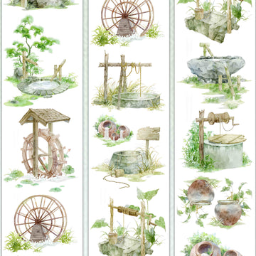 Rustic countryside water wheels, stone wells, and ceramic urns