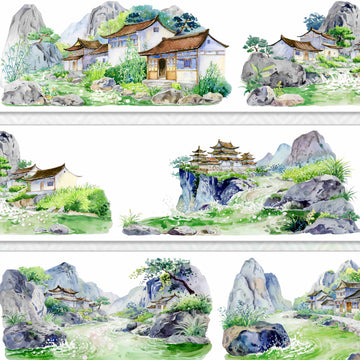 Traditional Chinese dwellings and a cliffside pavilion among rocky mountain peaks