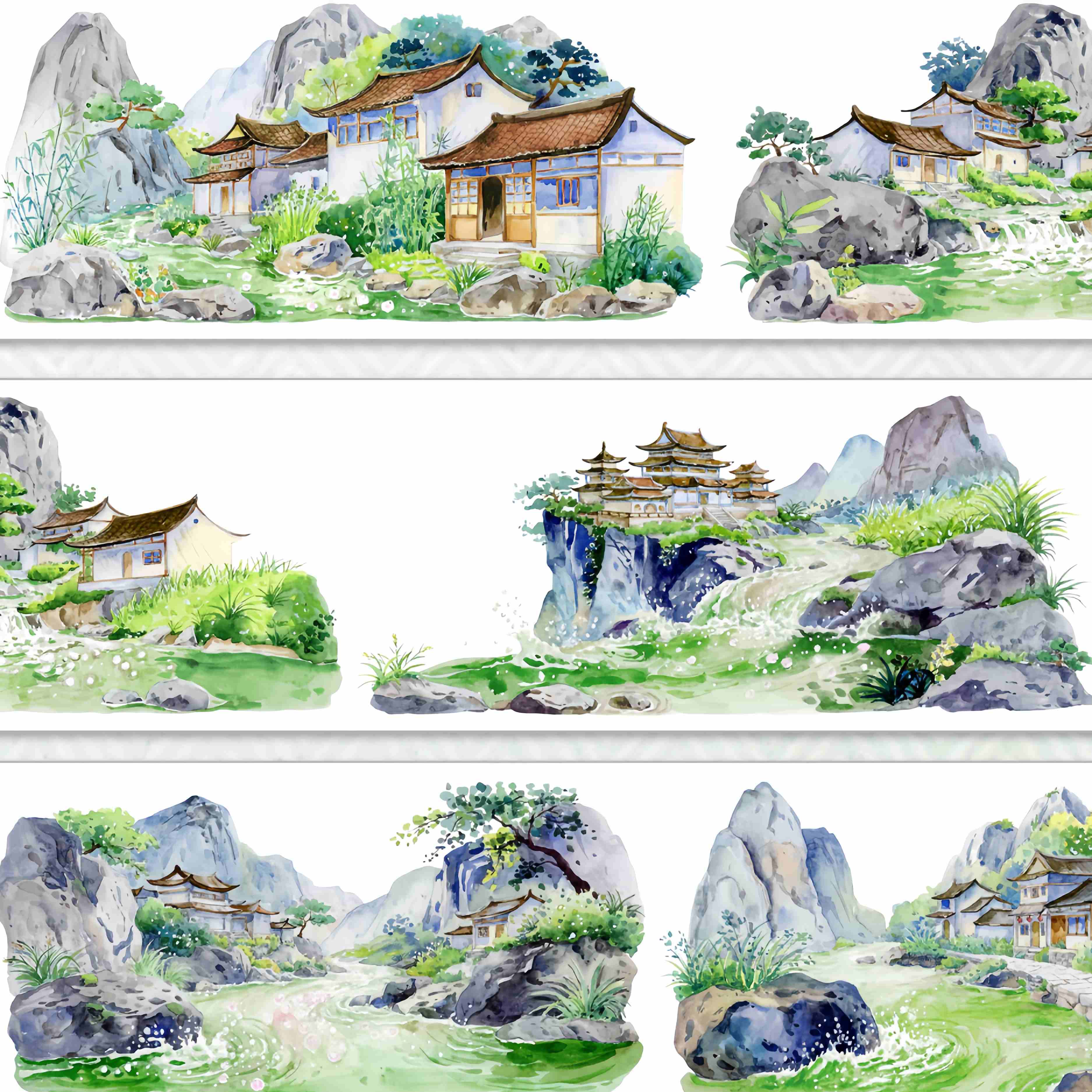 Traditional Chinese dwellings and a cliffside pavilion among rocky mountain peaks