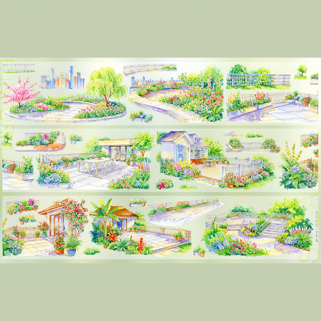 City garden corners with flowers and skyline views PET tape design