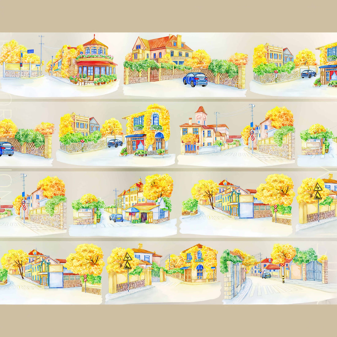 Autumn corner houses on a European-style street PET tape design