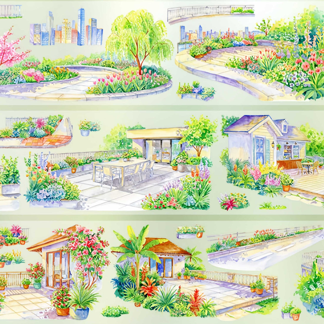 City garden corners with flowers and skyline views PET tape design