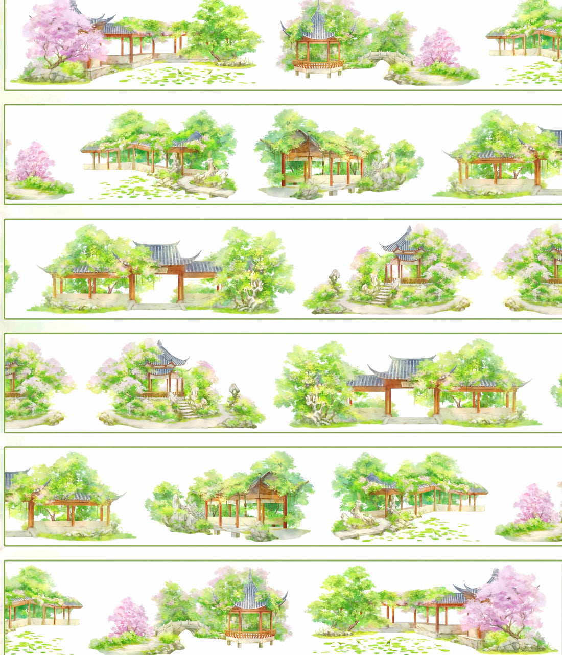 Traditional garden pavilions nestled among lush trees and blossoms