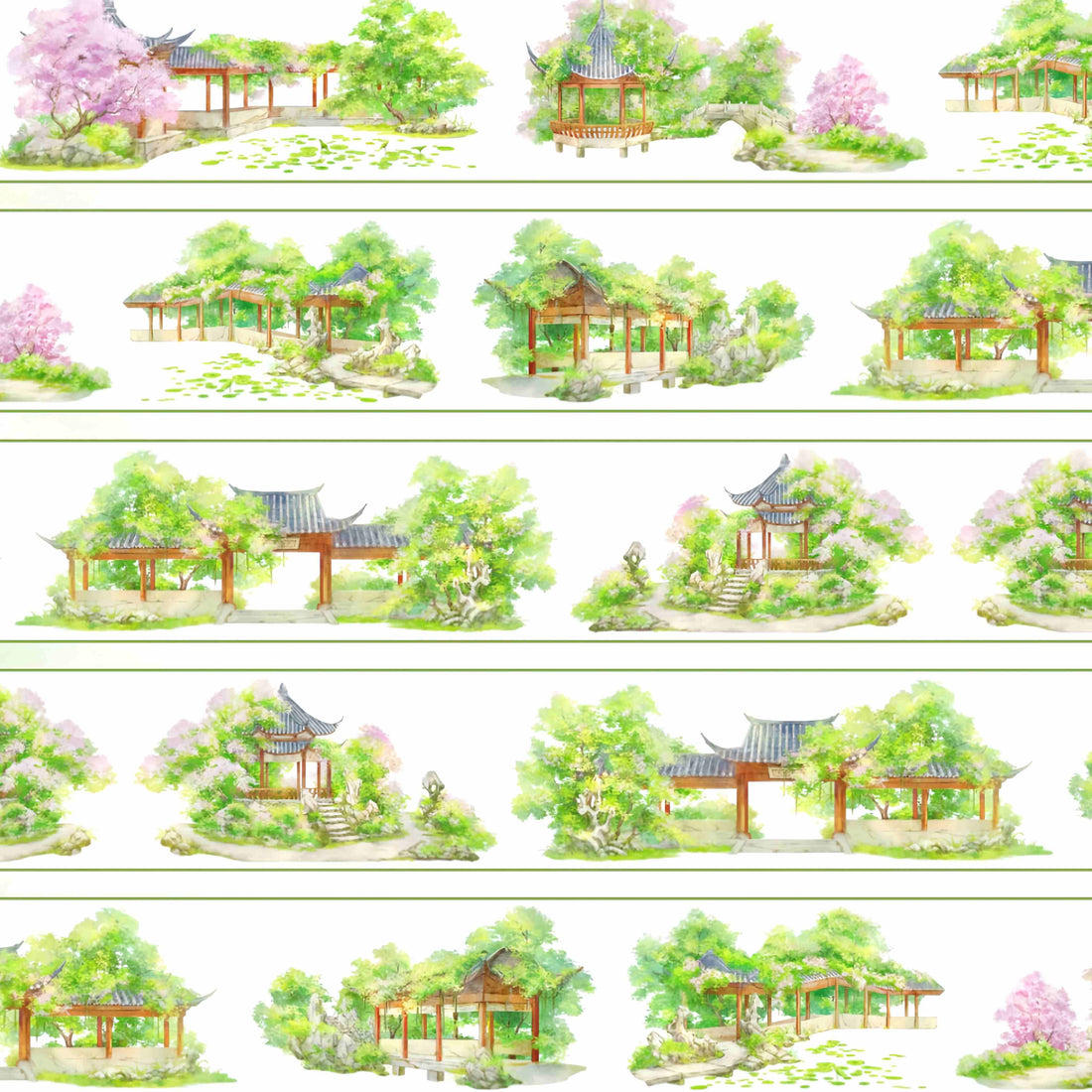 Traditional garden pavilions nestled among lush trees and blossoms