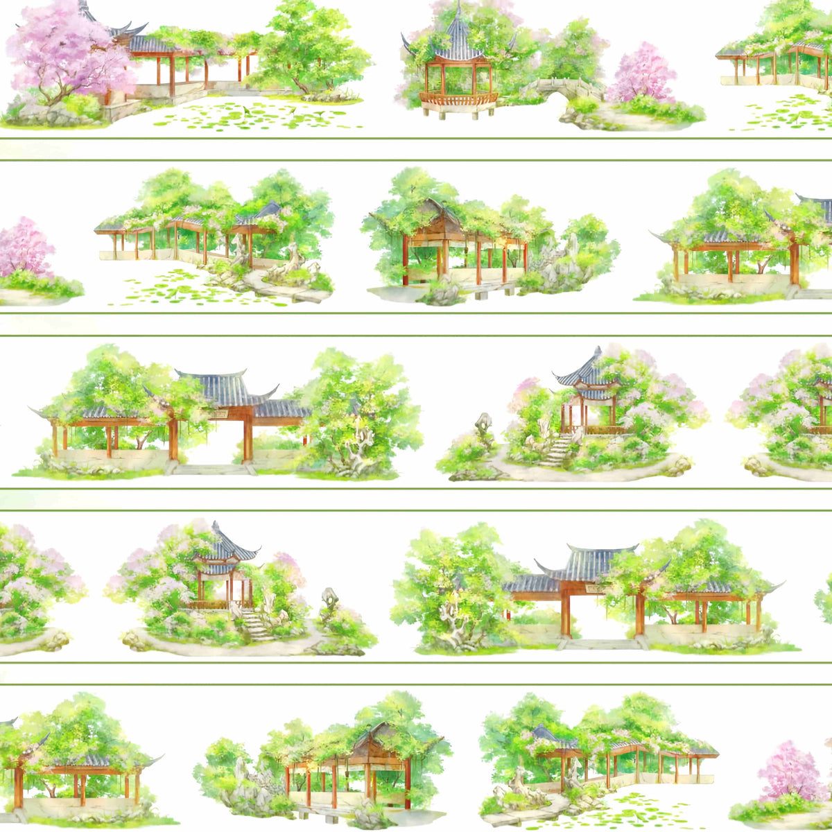 Traditional garden pavilions nestled among lush trees and blossoms
