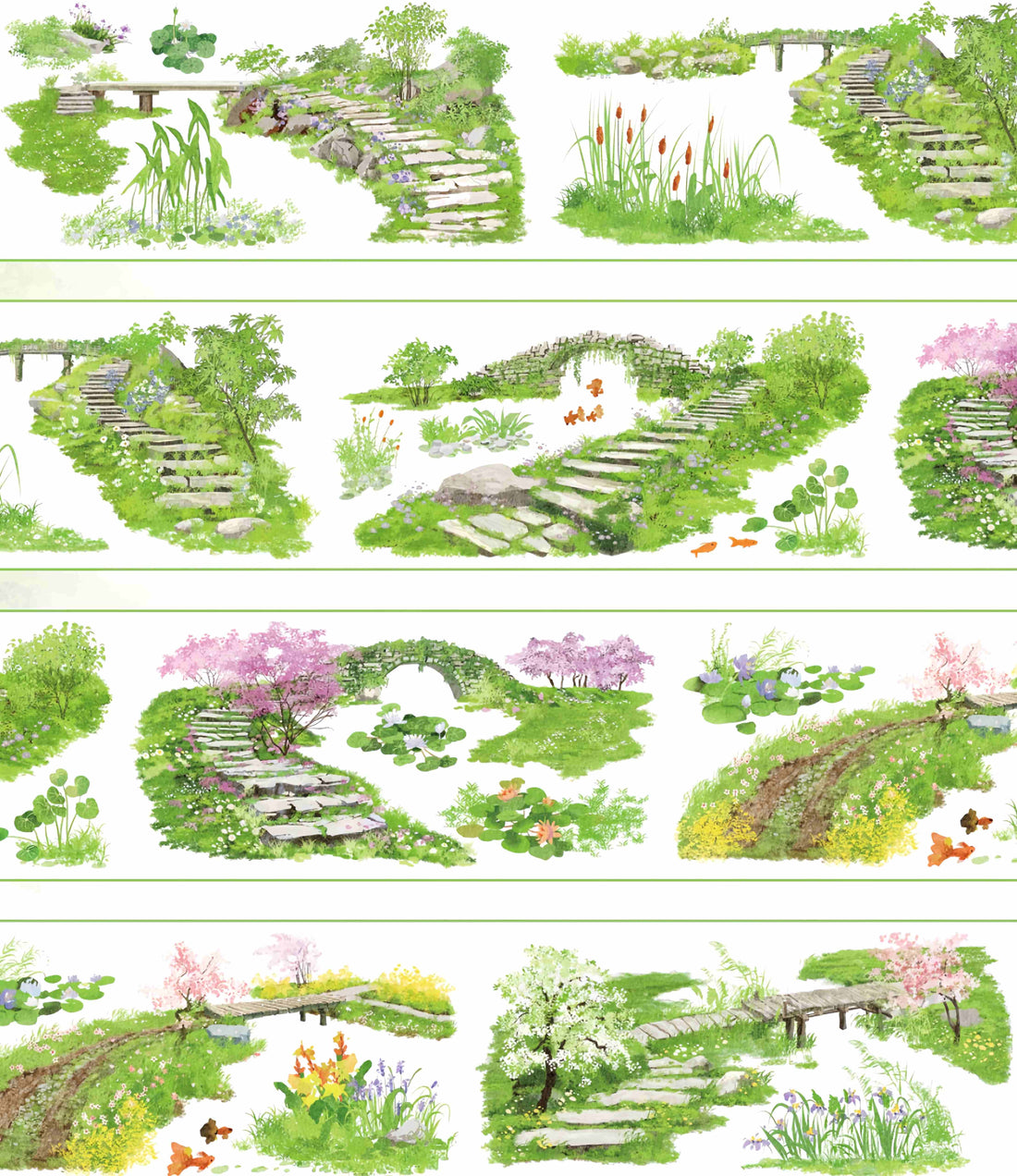 Stone step garden paths with small arch bridges, cattails, and koi ponds