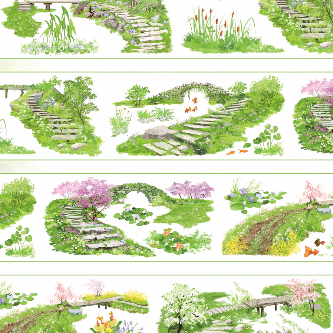 Stone step garden paths with small arch bridges, cattails, and koi ponds