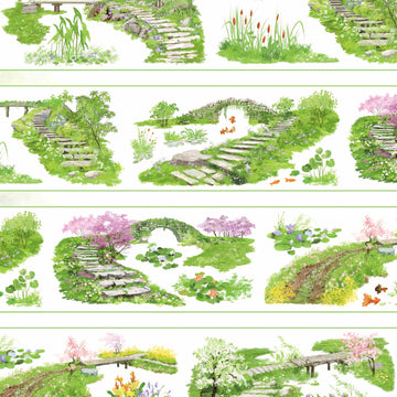 Stone step garden paths with small arch bridges, cattails, and koi ponds