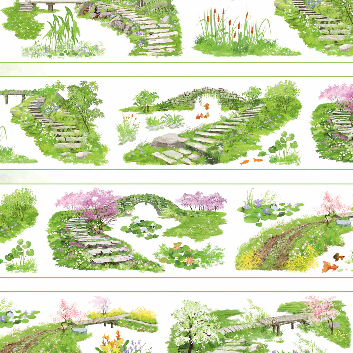 Stone step garden paths with small arch bridges, cattails, and koi ponds