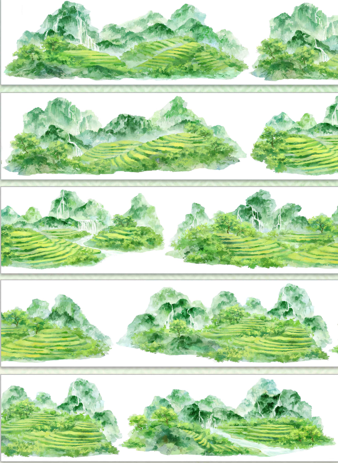 Terraced green tea mountain slopes with waterfalls through misty peaks