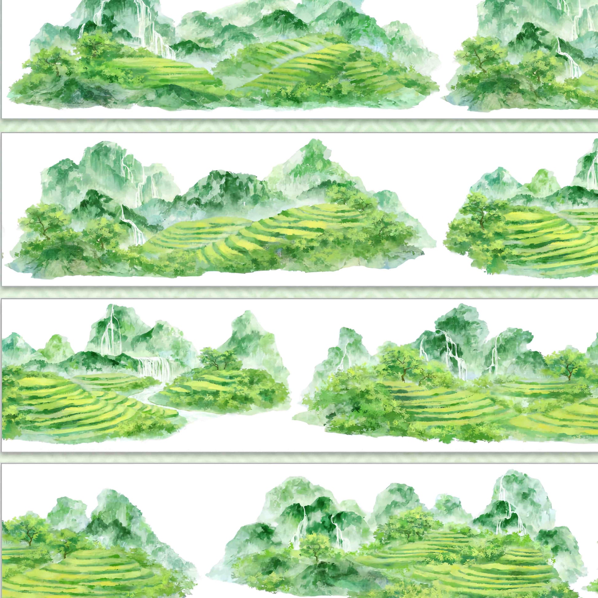Terraced green tea mountain slopes with waterfalls through misty peaks