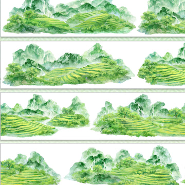 Terraced green tea mountain slopes with waterfalls through misty peaks