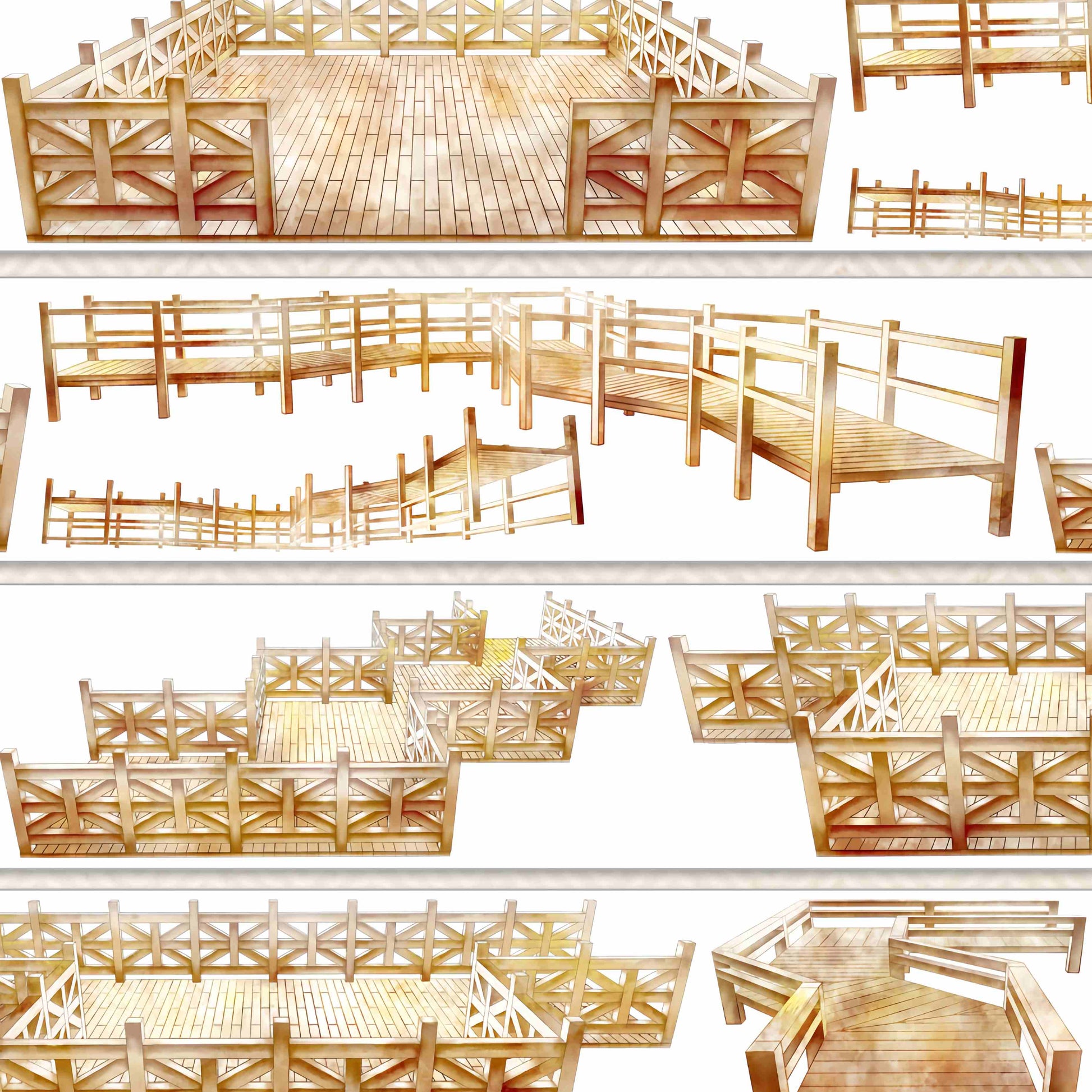 Zigzagging wooden boardwalk platforms with railings