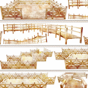 Zigzagging wooden boardwalk platforms with railings