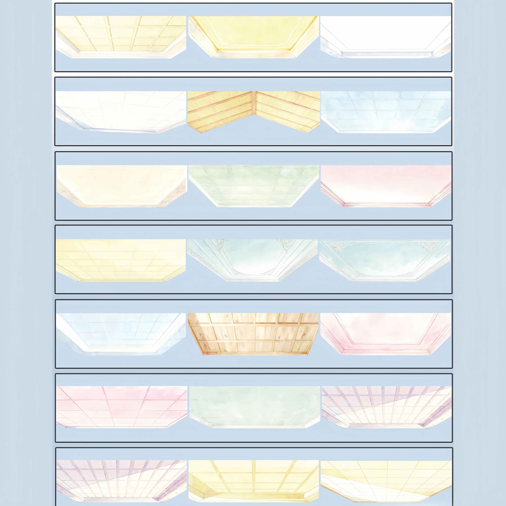 PET tape featuring illustrated skylight ceiling panels in soft glowing pastel colors