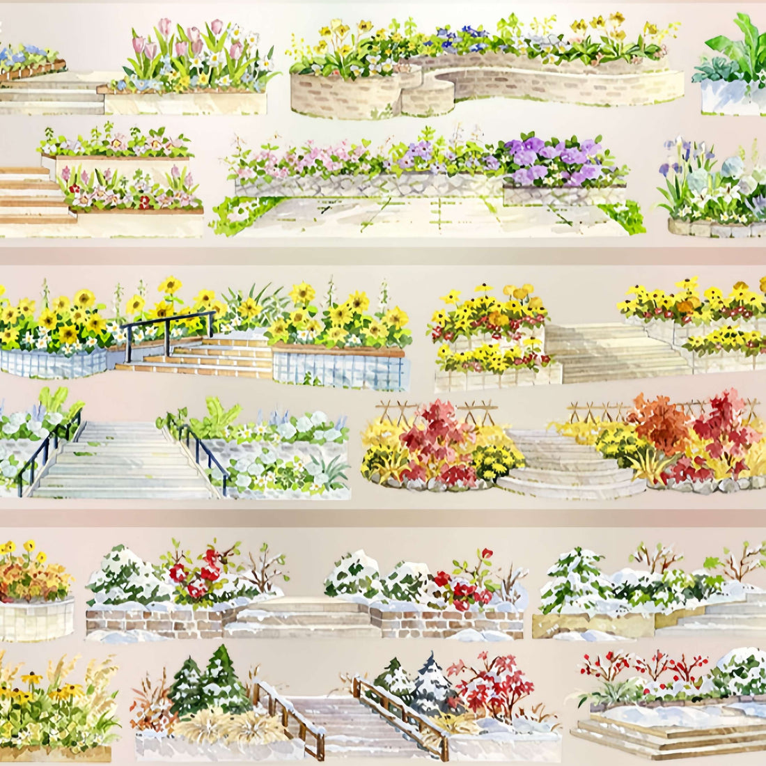 Garden flower beds and seasonal blooms PET tape design