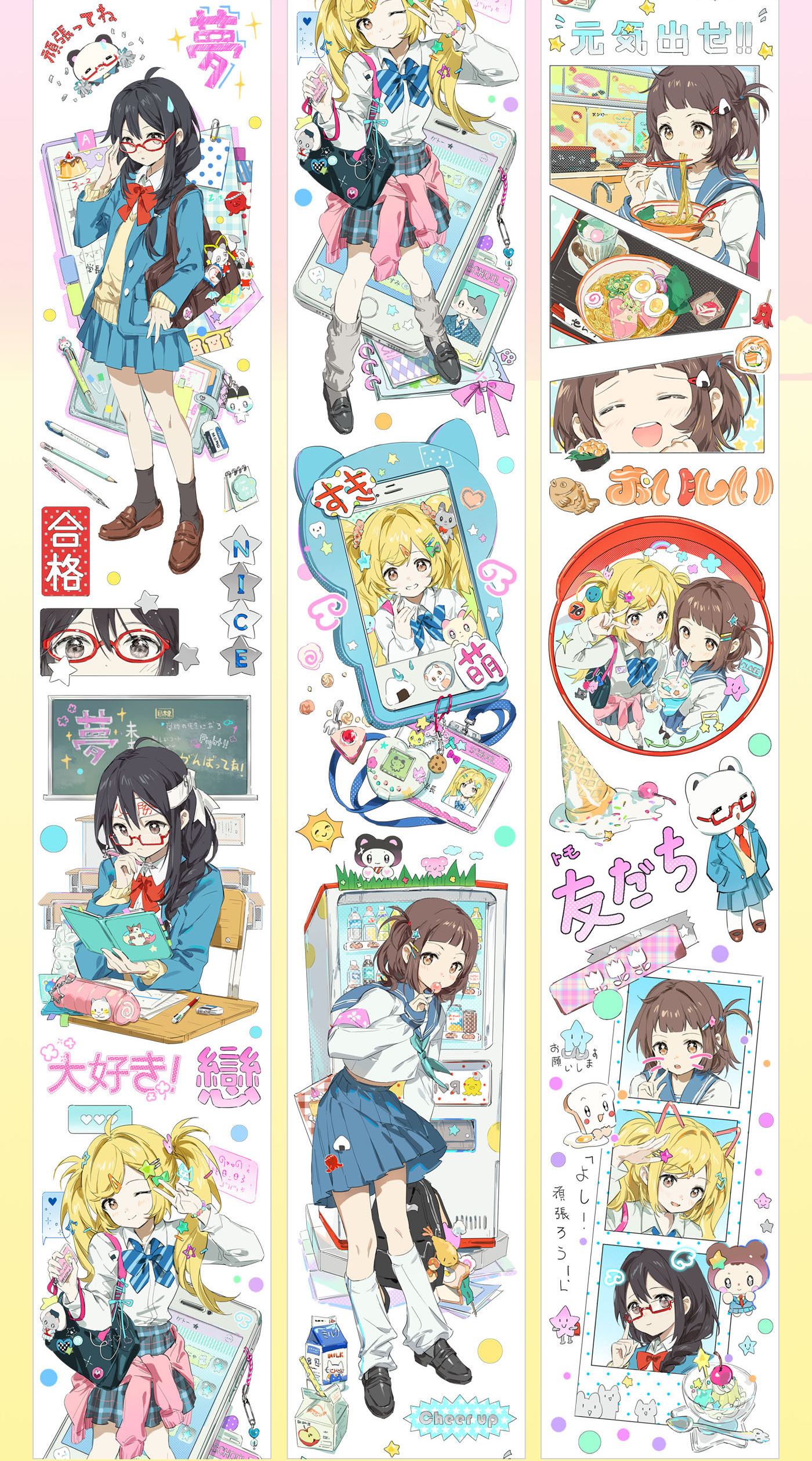 Three strips of kawaii anime school life PET tape with colorful schoolgirl character illustrations