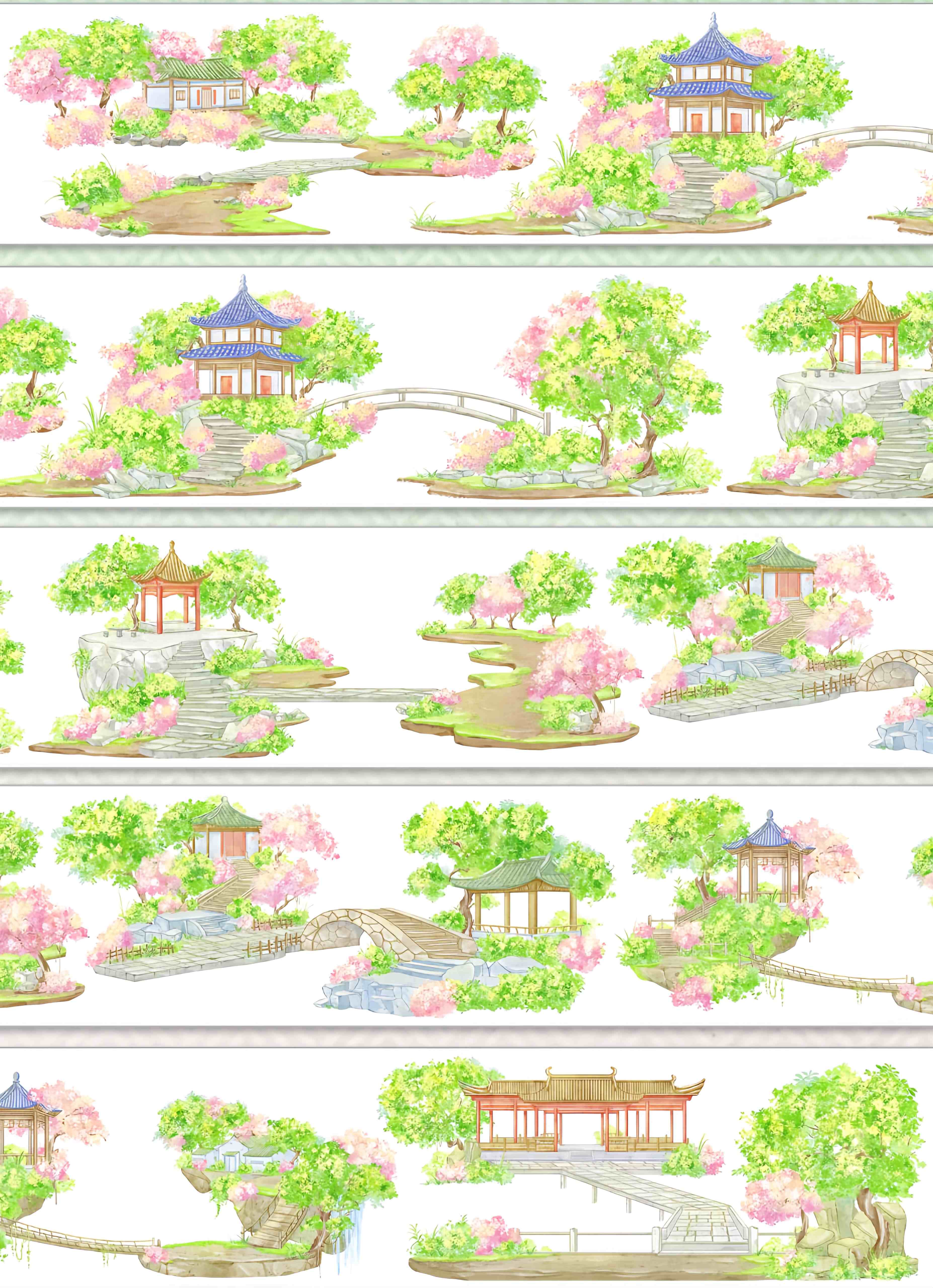 Chinese garden pavilion design with blossom trees, roll view