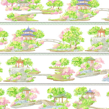 Chinese garden pavilions on stone-step hills with cherry blossom trees and stone bridges