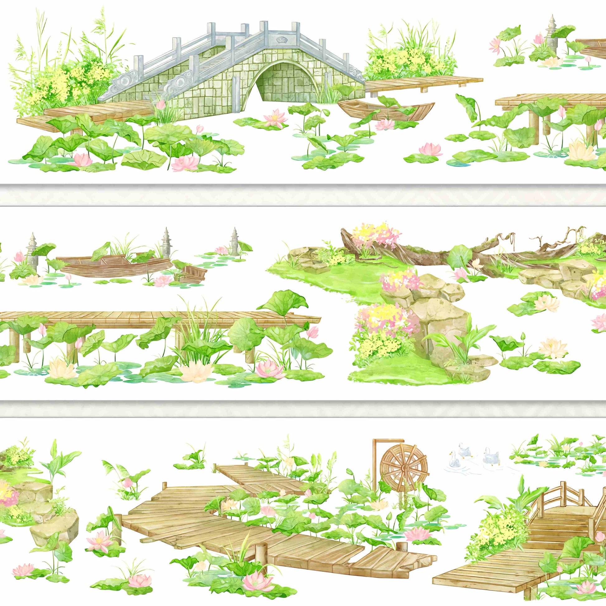 Stone arch bridge and wooden walkways over a blooming lotus pond with a water wheel