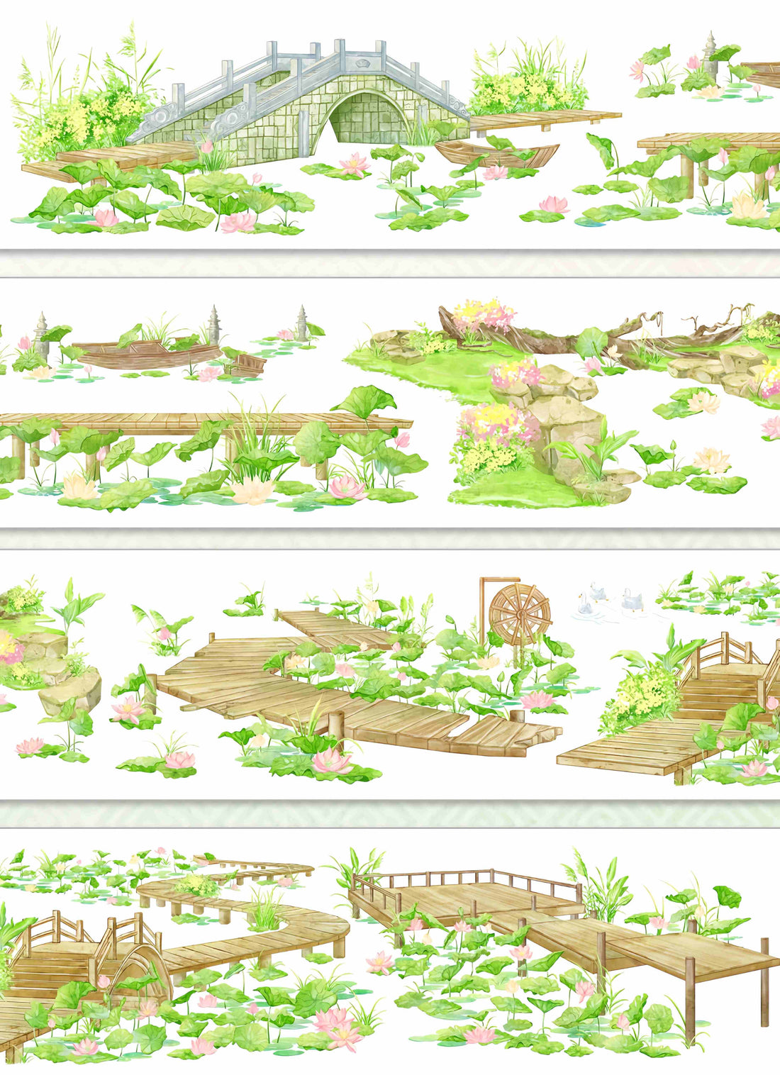 Stone arch bridge and wooden walkways over a blooming lotus pond with a water wheel