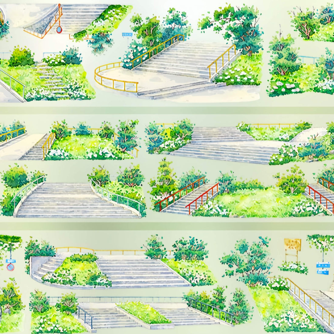 Green stairway garden with railings and plants PET tape design