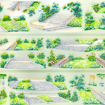Green stairway garden with railings and plants PET tape design