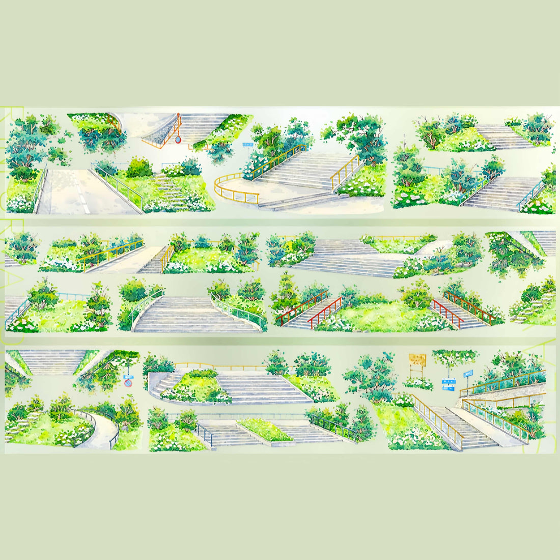 Green stairway garden with railings and plants PET tape design