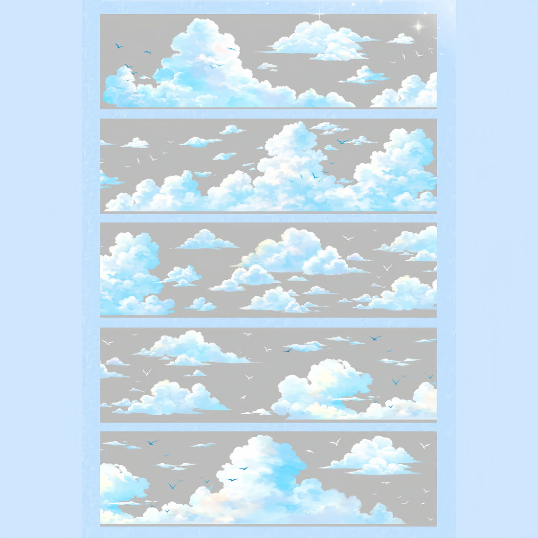 Soft blue skies, fluffy clouds, and flying birds on PET tape