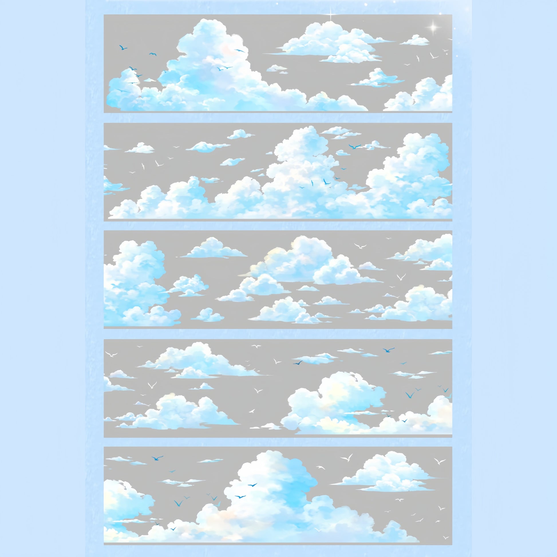 Soft blue skies, fluffy clouds, and flying birds on PET tape