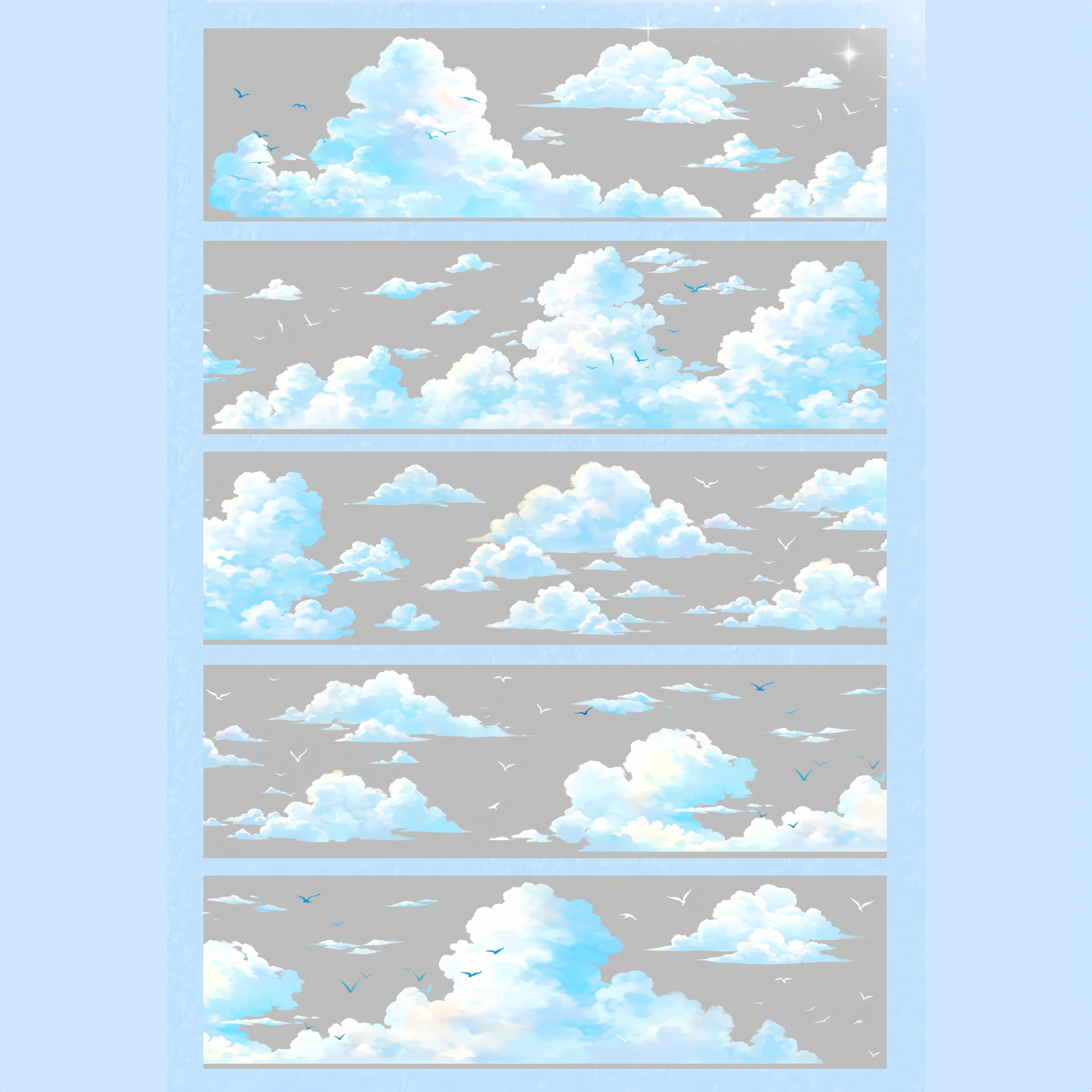 Soft blue skies, fluffy clouds, and flying birds on PET tape