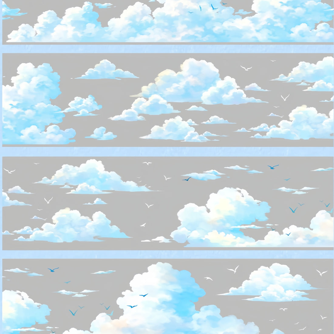 Soft blue skies, fluffy clouds, and flying birds on PET tape