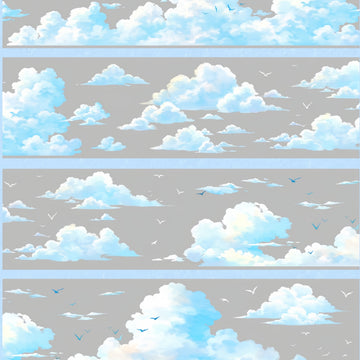 Soft blue skies, fluffy clouds, and flying birds on PET tape