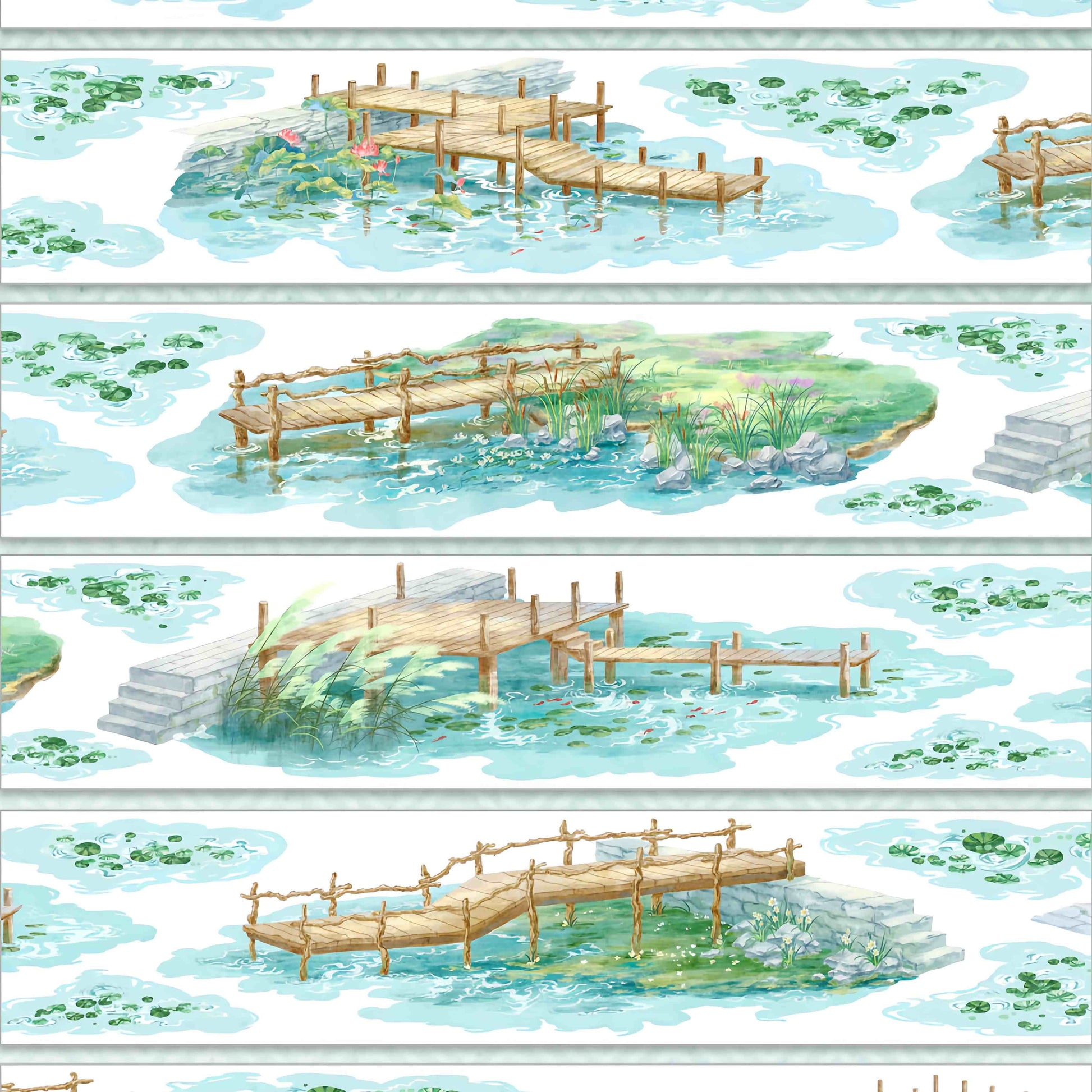 Wooden boardwalk winding over a blue lily pond, full-color illustration