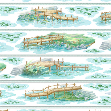 Wooden boardwalk winding over a blue lily pond, full-color illustration
