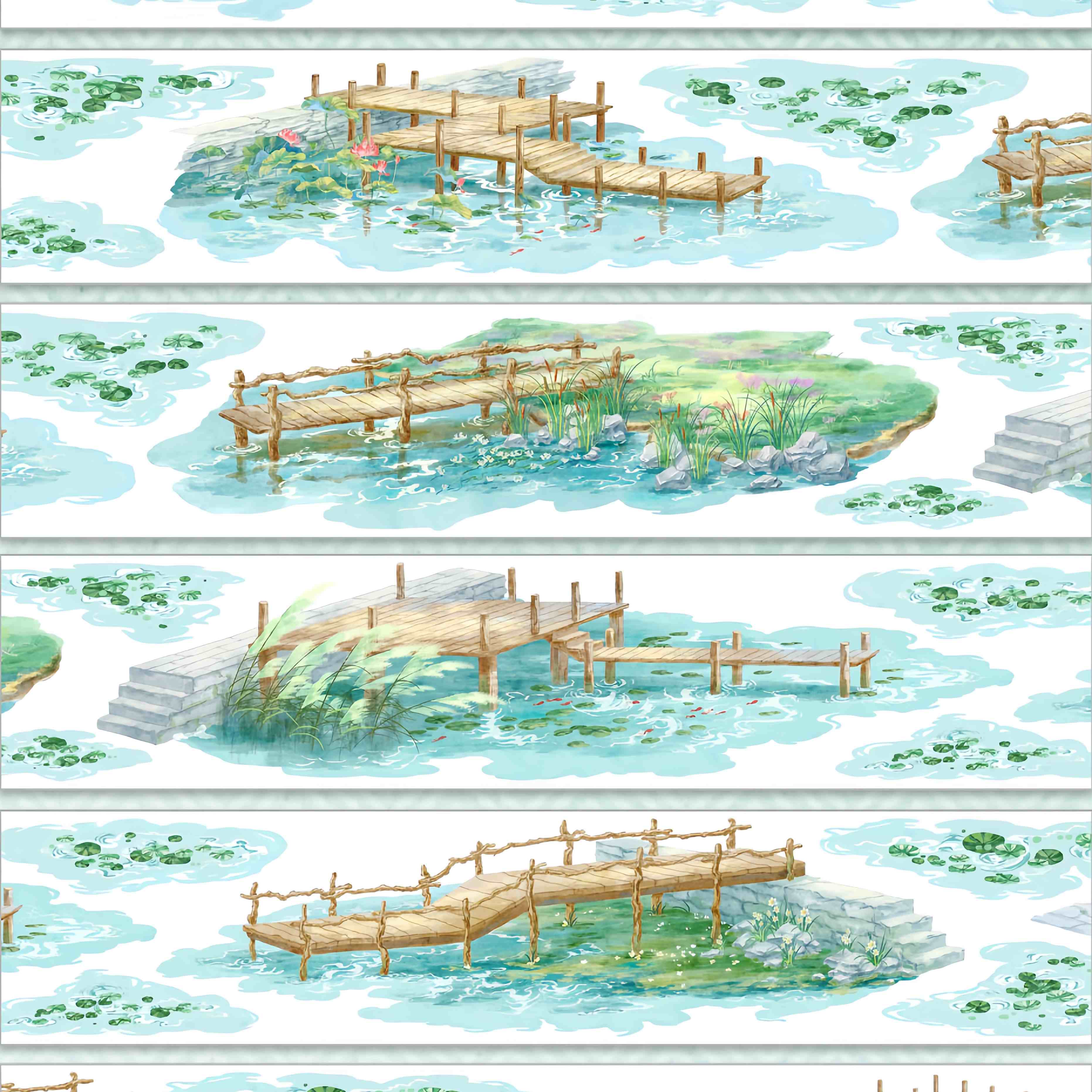 Wooden boardwalk winding over a blue lily pond, full-color illustration