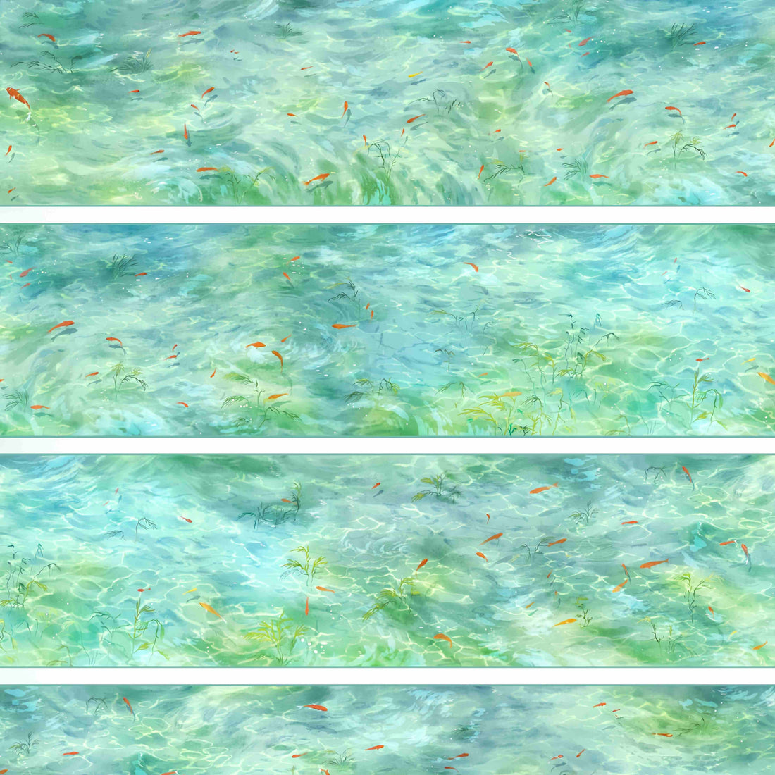 Jade-green rippling water with koi fish and underwater grasses
