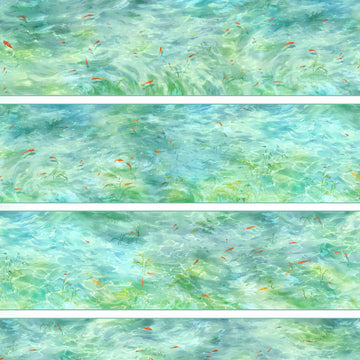 Jade-green rippling water with koi fish and underwater grasses