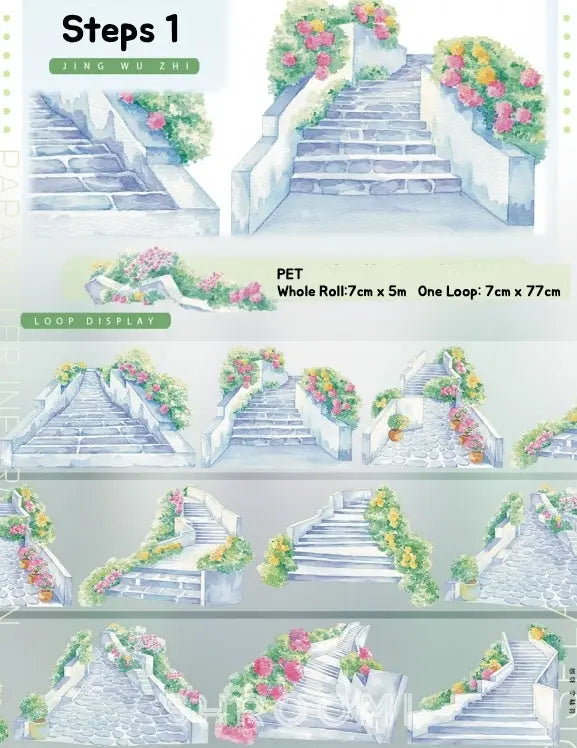 Watercolor steps with floral accents decorative tape Shroomi