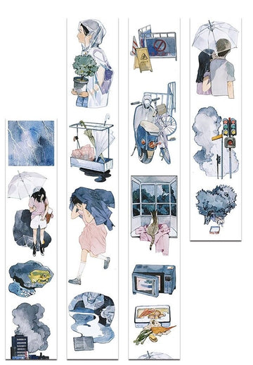 Watercolor PET tape artwork with rainy-day characters, umbrellas, lightning, street scenes, and storm clouds