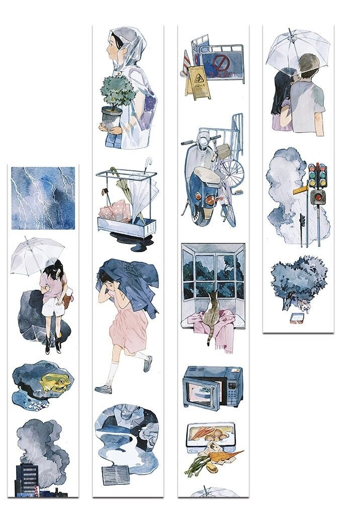 Watercolor PET tape artwork with rainy-day characters, umbrellas, lightning, street scenes, and storm clouds