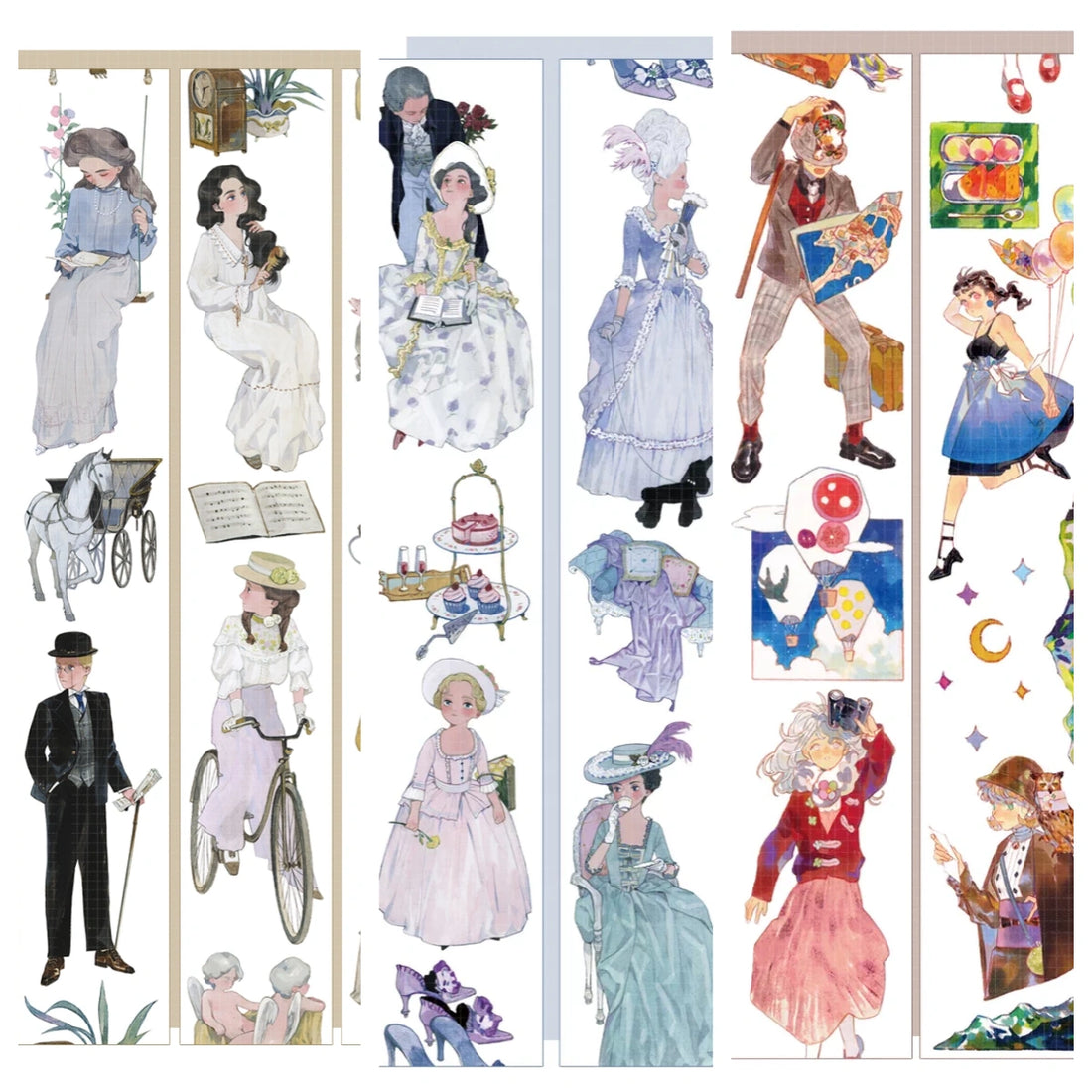 Vintage Character PET tape — four design strips showing Edwardian ladies, whimsical adventurers, and masquerade ball characters in watercolor