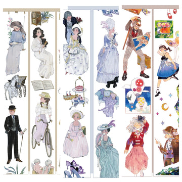 Vintage Character PET tape — four design strips showing Edwardian ladies, whimsical adventurers, and masquerade ball characters in watercolor