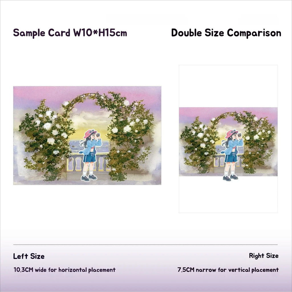 Washi tape sample card W10*H15cm with double size comparison, illustrated girl by Shroomi