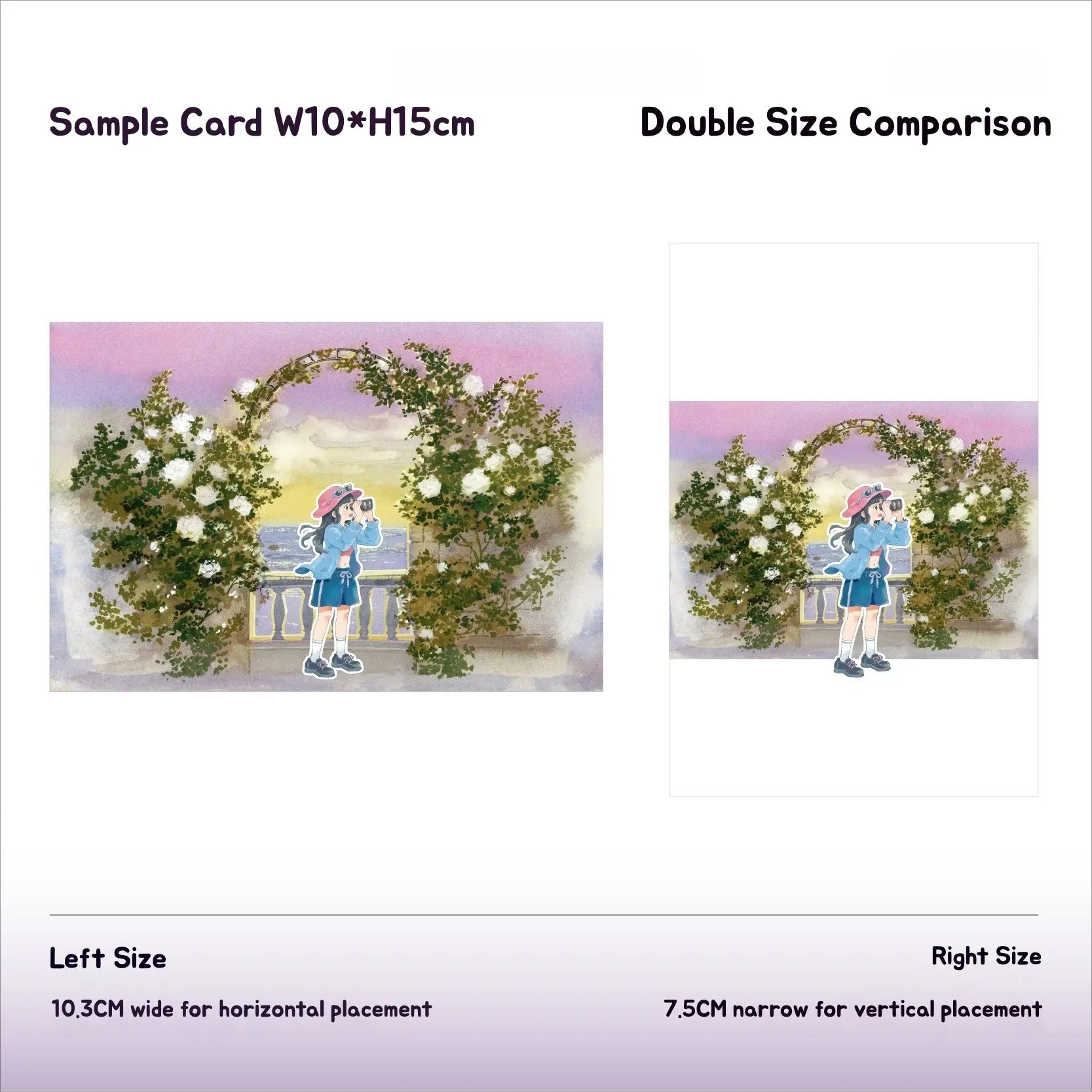 Washi tape sample card W10*H15cm with double size comparison, illustrated girl by Shroomi