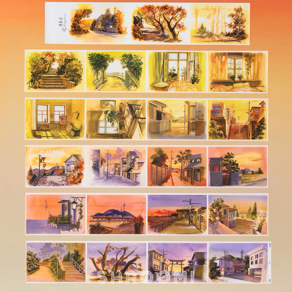 Journaling tape featuring watercolor cityscapes and landscapes at dusk, by Shroomi